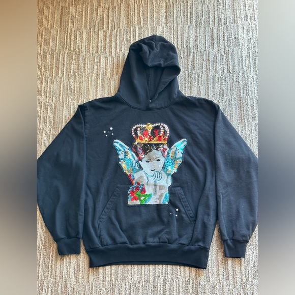 Hoodie sweater custom reworked upcycle angel design one of a kind handmade